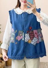 Load image into Gallery viewer, Cute Navy Embroidered Patchwork Button Waistcoat Sleeveless