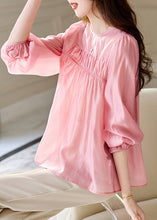 Load image into Gallery viewer, Cute Pink O-Neck Patchwork Silk Top Fall