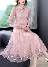 Load image into Gallery viewer, Cute Pink Peter Pan Collar Embroidered Floral Patchwork Button Tulle Maxi Dress Long Sleeve