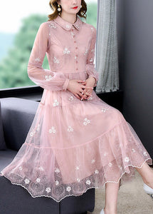 Cute Pink Peter Pan Collar Embroidered Floral Patchwork Button Tulle Maxi Dress Long Sleeve