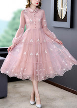 Load image into Gallery viewer, Cute Pink Peter Pan Collar Embroidered Floral Patchwork Button Tulle Maxi Dress Long Sleeve