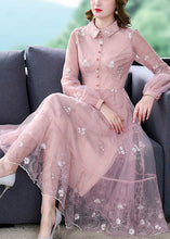 Load image into Gallery viewer, Cute Pink Peter Pan Collar Embroidered Floral Patchwork Button Tulle Maxi Dress Long Sleeve