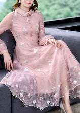 Load image into Gallery viewer, Cute Pink Peter Pan Collar Embroidered Floral Patchwork Button Tulle Maxi Dress Long Sleeve