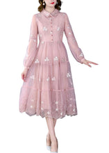 Load image into Gallery viewer, Cute Pink Peter Pan Collar Embroidered Floral Patchwork Button Tulle Maxi Dress Long Sleeve