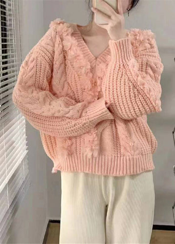 Cute Pink V Neck Floral Cotton Knit Sweater Long Sleeve