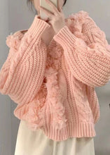 Load image into Gallery viewer, Cute Pink V Neck Floral Cotton Knit Sweater Long Sleeve