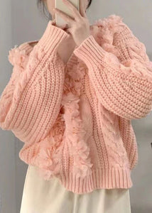 Cute Pink V Neck Floral Cotton Knit Sweater Long Sleeve