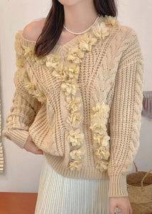 Cute Pink V Neck Floral Cotton Knit Sweater Long Sleeve