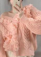 Load image into Gallery viewer, Cute Pink V Neck Floral Cotton Knit Sweater Long Sleeve