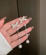 Load image into Gallery viewer, Cute White Sterling Silver Alloy Bow Pearl Tassel Drop Earrings