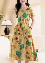 Load image into Gallery viewer, Cute Yellow Print Tie Waist Maxi Dresses Short Sleeve