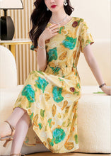 Load image into Gallery viewer, Cute Yellow Print Tie Waist Maxi Dresses Short Sleeve