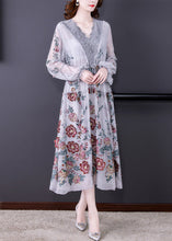 Load image into Gallery viewer, Cyan Ruffled Patchwork Tie Waist Tulle Holiday Long Dress Long Sleeve