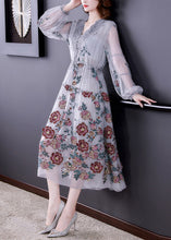 Load image into Gallery viewer, Cyan Ruffled Patchwork Tie Waist Tulle Holiday Long Dress Long Sleeve