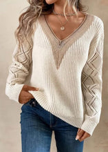 Load image into Gallery viewer, DIY Apricot V Neck Hollow Out Knit Pullover Fall