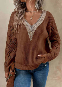 DIY Apricot V Neck Hollow Out Knit Pullover Fall