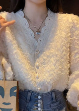 Load image into Gallery viewer, DIY Beige V Neck Pearl Button Fluffy Lace Patchwork Chiffon Shirts Long Sleeve