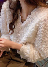 Load image into Gallery viewer, DIY Beige V Neck Pearl Button Fluffy Lace Patchwork Chiffon Shirts Long Sleeve