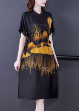 Load image into Gallery viewer, DIY Black Stand Collar Drawstring Print Silk Dresses Summer