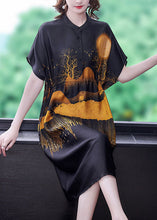 Load image into Gallery viewer, DIY Black Stand Collar Drawstring Print Silk Dresses Summer