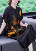 Load image into Gallery viewer, DIY Black Stand Collar Drawstring Print Silk Dresses Summer