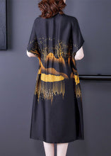 Load image into Gallery viewer, DIY Black Stand Collar Drawstring Print Silk Dresses Summer