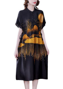 DIY Black Stand Collar Drawstring Print Silk Dresses Summer