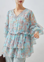 Load image into Gallery viewer, DIY Blue Ruffled Print Chiffon Blouses Bracelet Sleeve