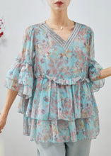 Load image into Gallery viewer, DIY Blue Ruffled Print Chiffon Blouses Bracelet Sleeve