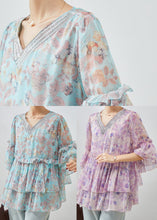 Load image into Gallery viewer, DIY Blue Ruffled Print Chiffon Blouses Bracelet Sleeve