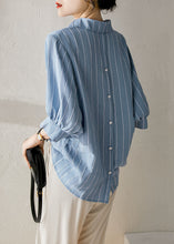 Load image into Gallery viewer, DIY Blue Striped Peter Pan Collar Patchwork Silk Shirt Top Summer