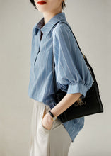 Load image into Gallery viewer, DIY Blue Striped Peter Pan Collar Patchwork Silk Shirt Top Summer