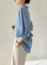 Load image into Gallery viewer, DIY Blue Striped Peter Pan Collar Patchwork Silk Shirt Top Summer