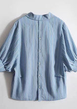 Load image into Gallery viewer, DIY Blue Striped Peter Pan Collar Patchwork Silk Shirt Top Summer