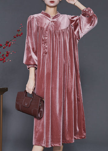 DIY Brick Red Stand Collar Oversized Silk Velvet Dress Spring