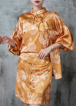 Load image into Gallery viewer, DIY Brown Asymmetrical Print Silk Oriental Sets 2 Pieces Puff Sleeve