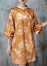 Load image into Gallery viewer, DIY Brown Asymmetrical Print Silk Oriental Sets 2 Pieces Puff Sleeve