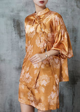 Load image into Gallery viewer, DIY Brown Asymmetrical Print Silk Oriental Sets 2 Pieces Puff Sleeve