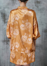 Load image into Gallery viewer, DIY Brown Asymmetrical Print Silk Oriental Sets 2 Pieces Puff Sleeve