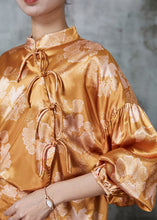 Load image into Gallery viewer, DIY Brown Asymmetrical Print Silk Oriental Sets 2 Pieces Puff Sleeve