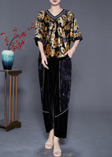 Load image into Gallery viewer, DIY Golden Floral Oversized Zircon Silk Velour Two Pieces Set Summer