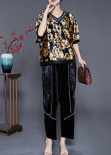 Load image into Gallery viewer, DIY Golden Floral Oversized Zircon Silk Velour Two Pieces Set Summer