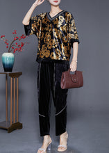 Load image into Gallery viewer, DIY Golden Floral Oversized Zircon Silk Velour Two Pieces Set Summer