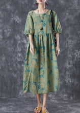 Load image into Gallery viewer, DIY Green Oversized Print Linen Vacation Dress Lantern Sleeve