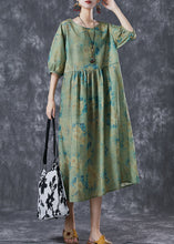 Load image into Gallery viewer, DIY Green Oversized Print Linen Vacation Dress Lantern Sleeve