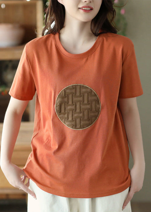 DIY Orange O-Neck Patchwork Cotton T Shirt Short Sleeve