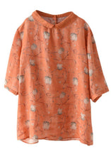 Load image into Gallery viewer, DIY Orange Print Ramie Half Sleeve Shirt Summer