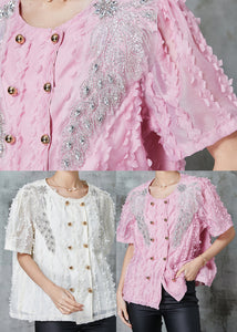 DIY Pink Tasseled Double Breast Chiffon Shirt Tops Summer