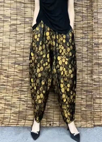 DIY Yellow Pockets Print Elastic Waist Harem Pants Summer