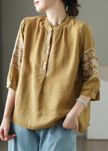 Load image into Gallery viewer, DIY Yellow Stand Collar Embroidered Linen Blouse Top Summer